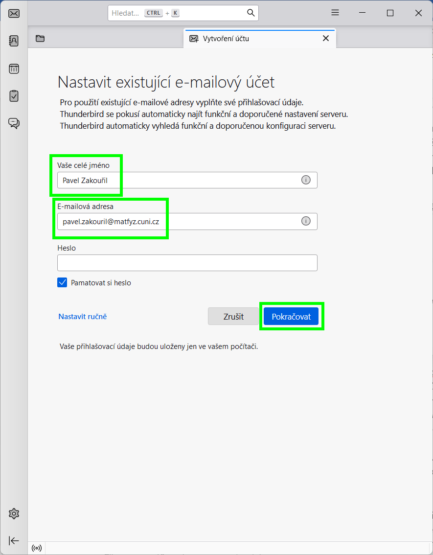Přidání osobního účtu - krok 1