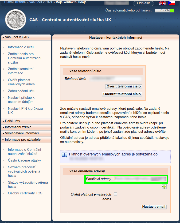 Nastavení e-mailové adresy v CAS