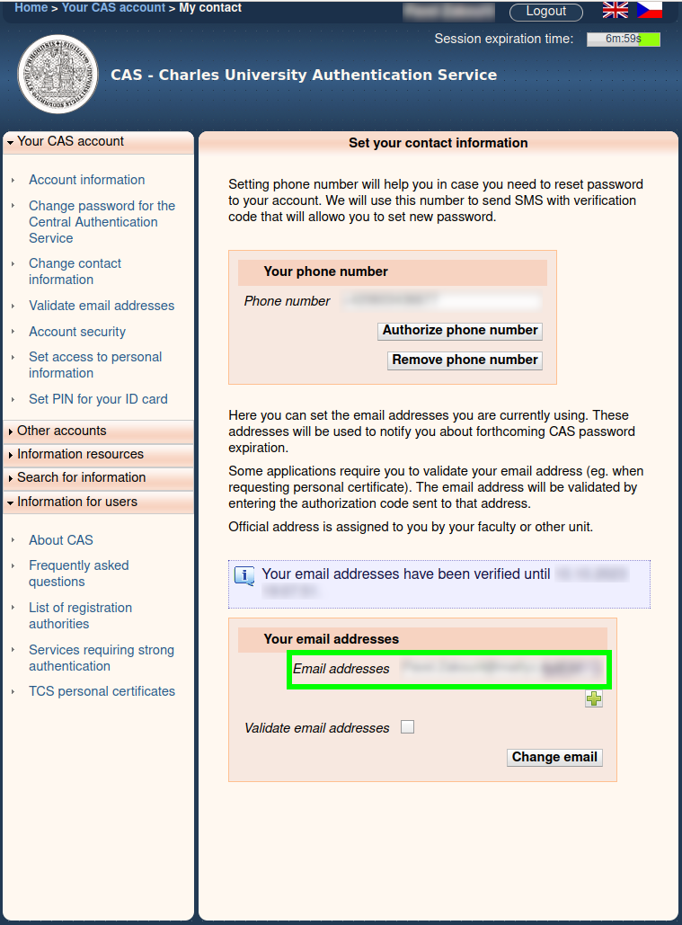 E-mail address settings in CAS