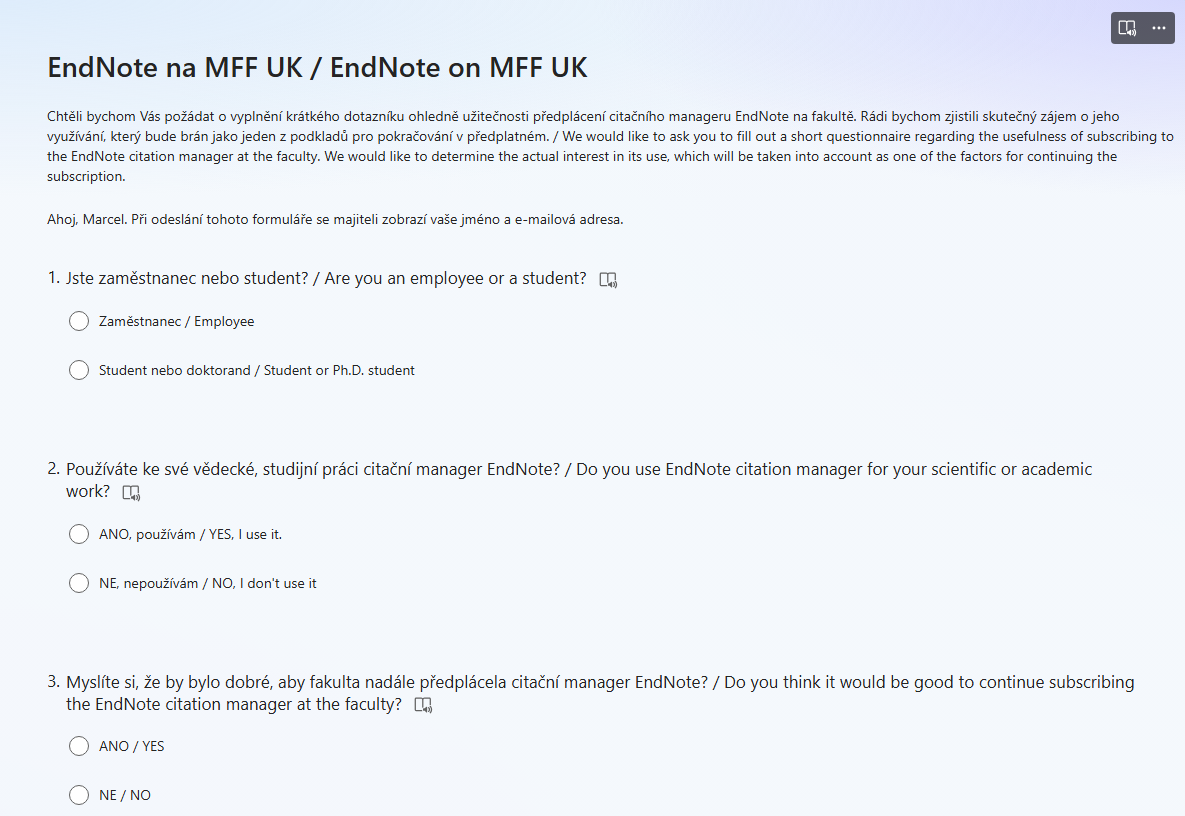 Knihovna MFF&nbsp;UK – žádost o vyplnění dotazníku na citační manager EndNote